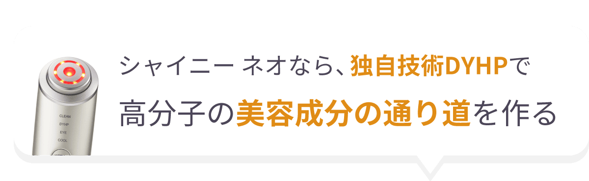 シャイニー ネオなら、独自技術DYHPで高分子の美容成分の通り道を作る