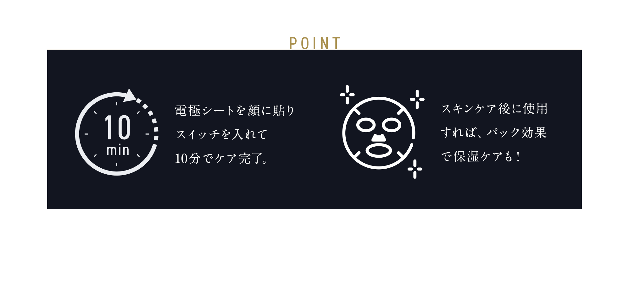 POINT 電極シートを顔に貼り スイッチを入れて 10分でケア完了。スキンケア後に使用すれば、パック効果で保湿ケアも！