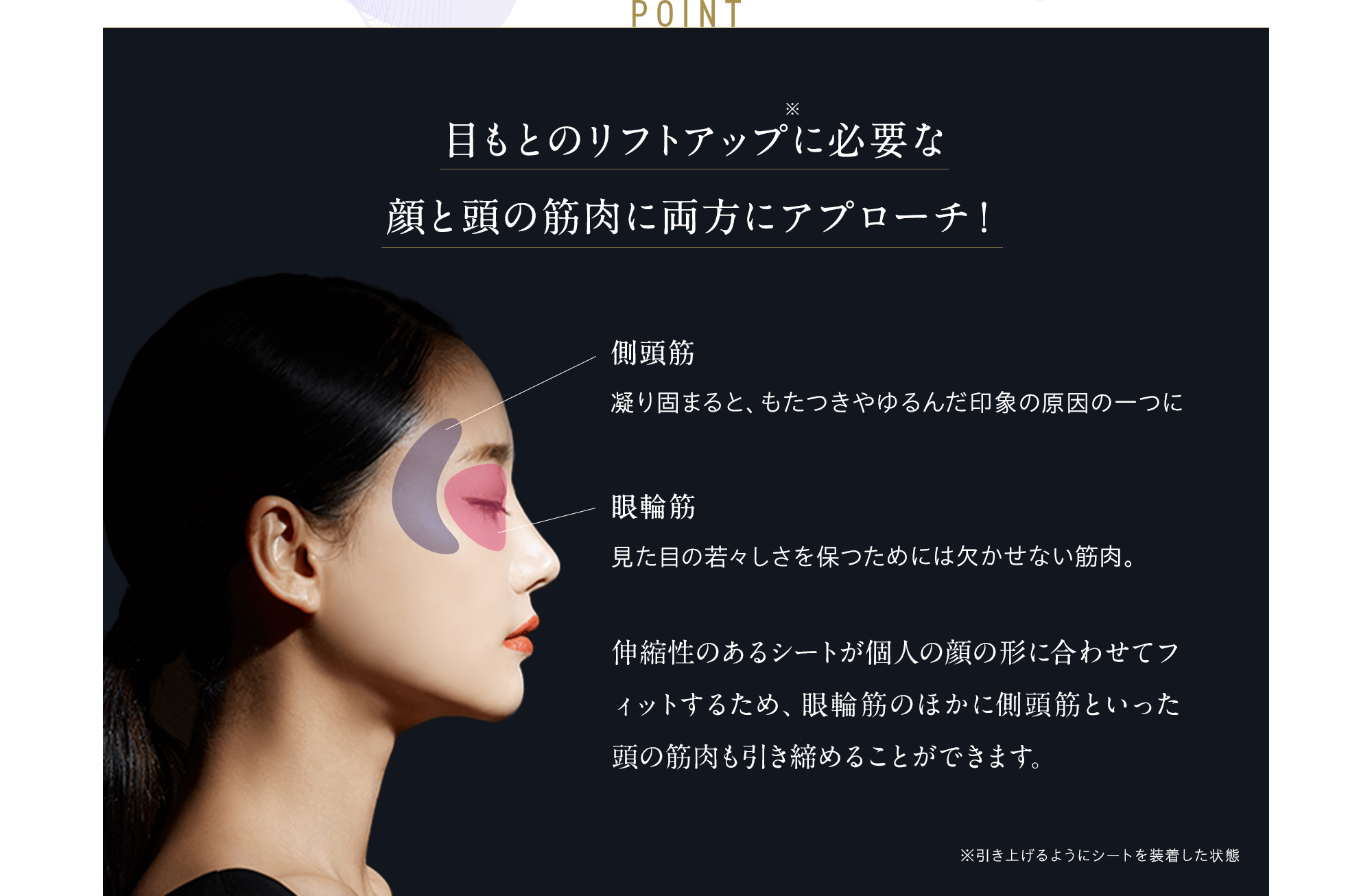 POINT 目もとのリフトアップ※に必要な 顔と頭の筋肉に両方にアプローチ！側頭筋 凝り固まると、もたつきや ゆるんだ印象の原因の一つに。眼輪筋 見た目の若々しさを保つためには欠かせない筋肉。伸縮性のあるシートが個人の顔の形に合わせてフィットするため、眼輪筋のほかに側頭筋といった頭の筋肉も引き締めることができます。※引き上げるようにシートを装着した状態