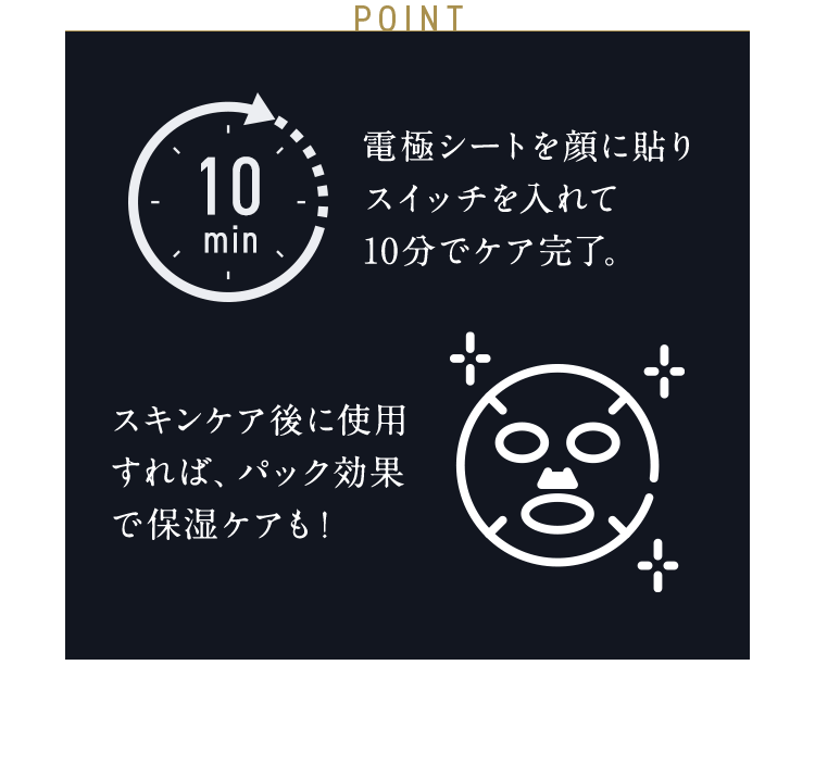 POINT 電極シートを顔に貼り スイッチを入れて 10分でケア完了。スキンケア後に使用すれば、パック効果で保湿ケアも！