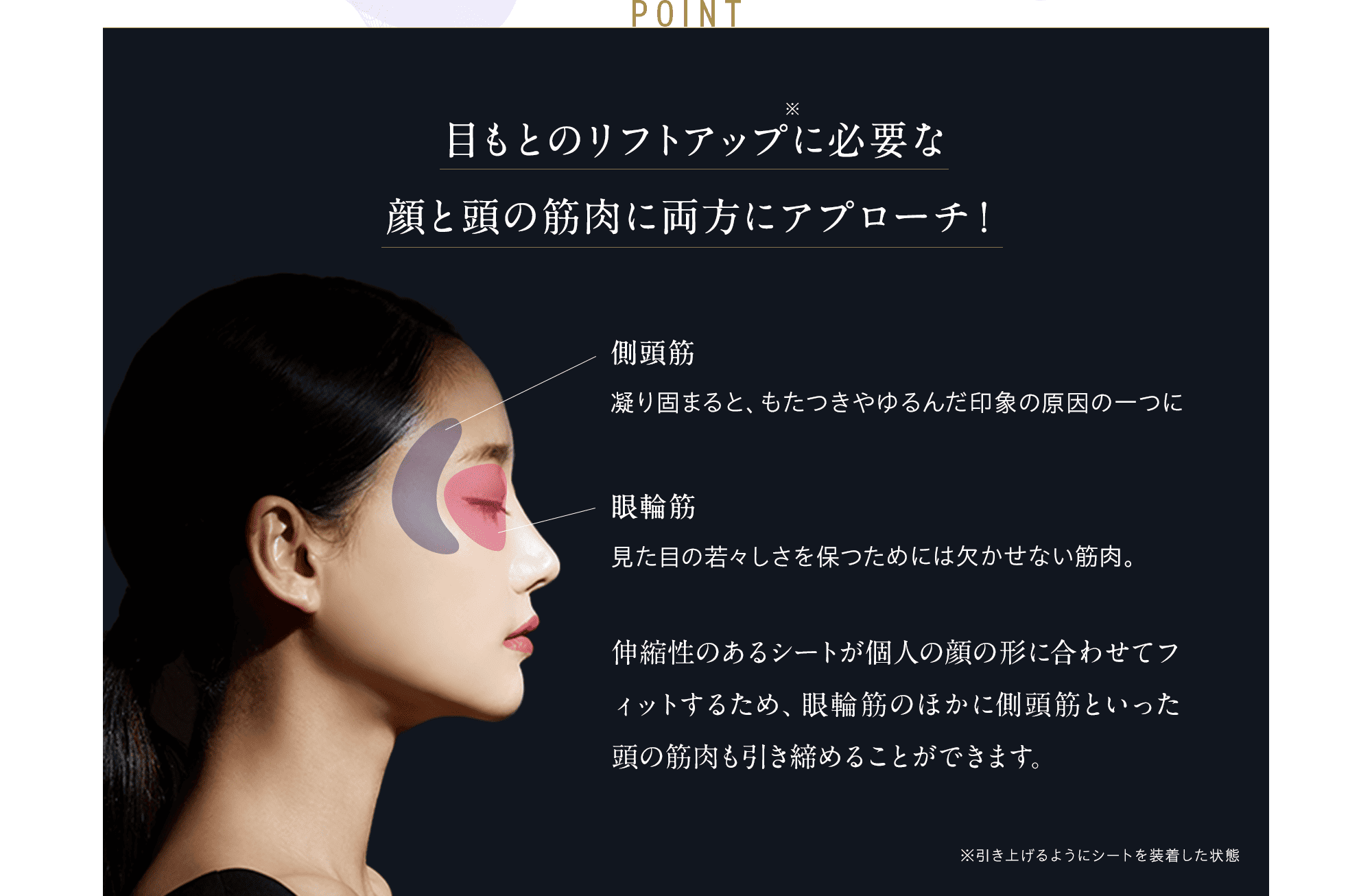 POINT 目もとのリフトアップ※に必要な 顔と頭の筋肉に両方にアプローチ！側頭筋 凝り固まると、もたつきや ゆるんだ印象の原因の一つに。眼輪筋 見た目の若々しさを保つためには欠かせない筋肉。伸縮性のあるシートが個人の顔の形に合わせてフィットするため、眼輪筋のほかに側頭筋といった頭の筋肉も引き締めることができます。※引き上げるようにシートを装着した状態