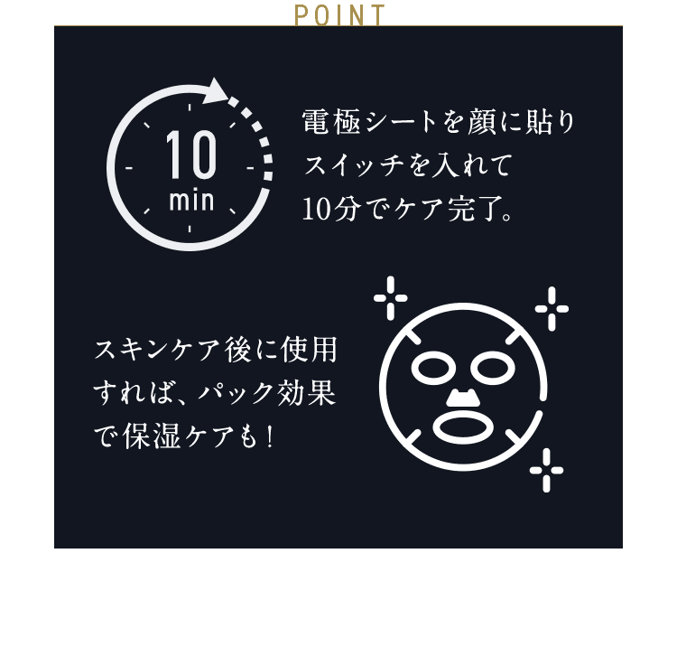 POINT 電極シートを顔に貼り スイッチを入れて 10分でケア完了。スキンケア後に使用すれば、パック効果で保湿ケアも！