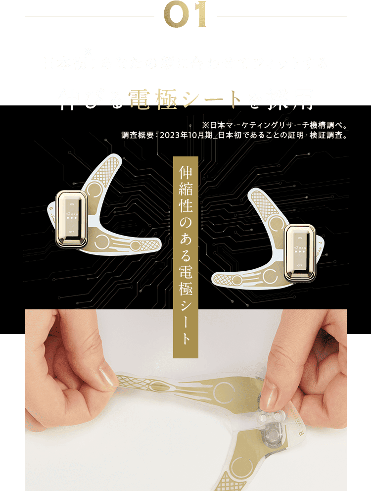 01 日本初※！あなたの顔に合わせてフィットする 伸びる電極シートを採用 ※日本マーケティングリサーチ機構調べ。 調査概要：2023年10月期_日本初であることの証明・検証調査。伸縮性のある電極シート