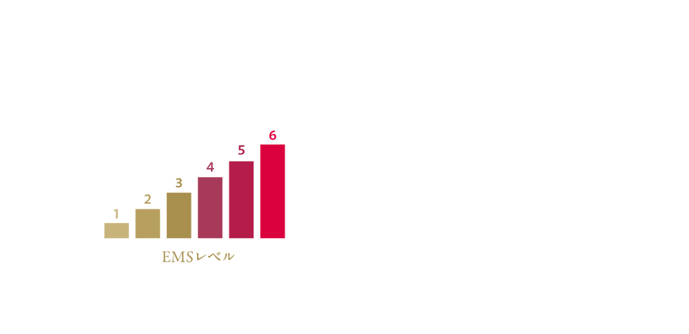 強さは6段階から選択可能 レベル1のやさしい刺激から、頬・口もとの大きな筋肉をケアできる高出力まで、EMSレベルを6段階で調整できます。 ※目もとの推奨設定はレベル1～3 口もとの推奨設定はレベル4～6