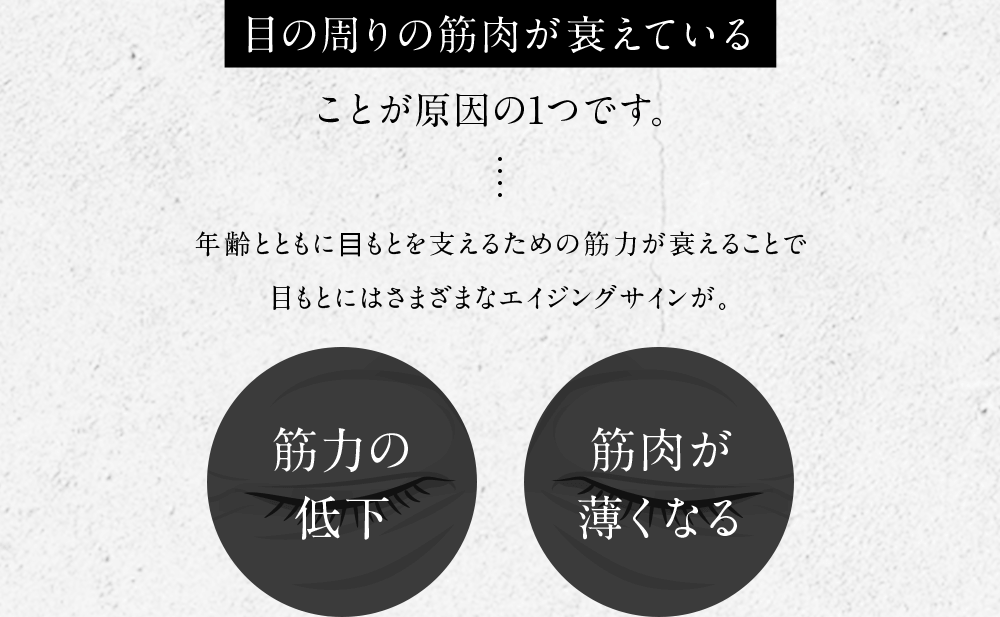 目の周りの筋肉が衰えていることが原因の1つです。年齢とともに目もとを支えるための 筋力が衰えることで目もとには さまざまなエイジングサインが。筋力の低下 筋肉が薄くなる