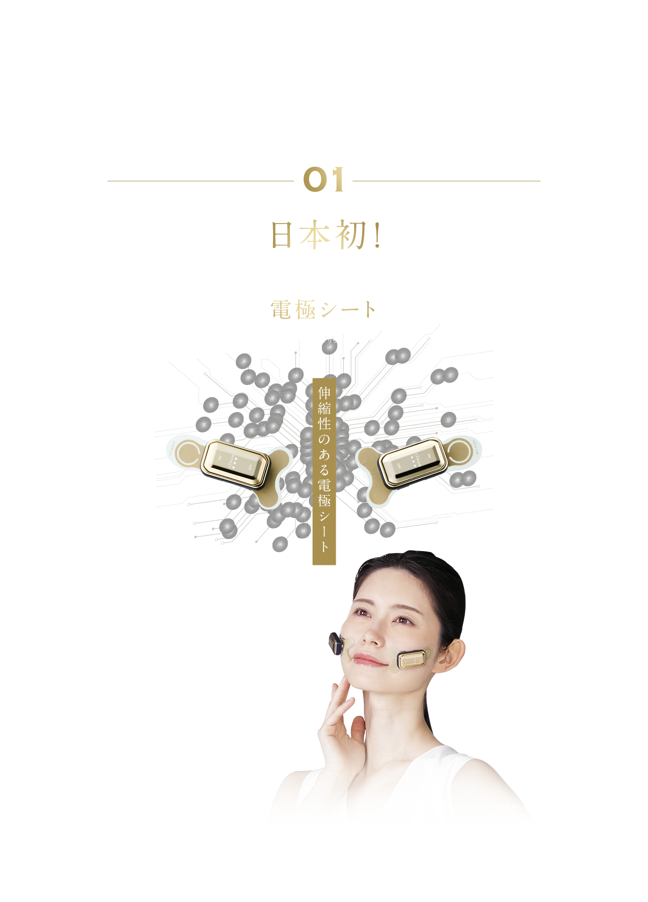 YA-MANの口もと改革デザインリフト モアの特長 01 日本初 あなたの顔に合わせてフィットする伸びる電極シートを採用 顔に合わせて密着するシートで頬・口もとを引き上げます 正しい位置にEMSを放出し理想の口もとへ