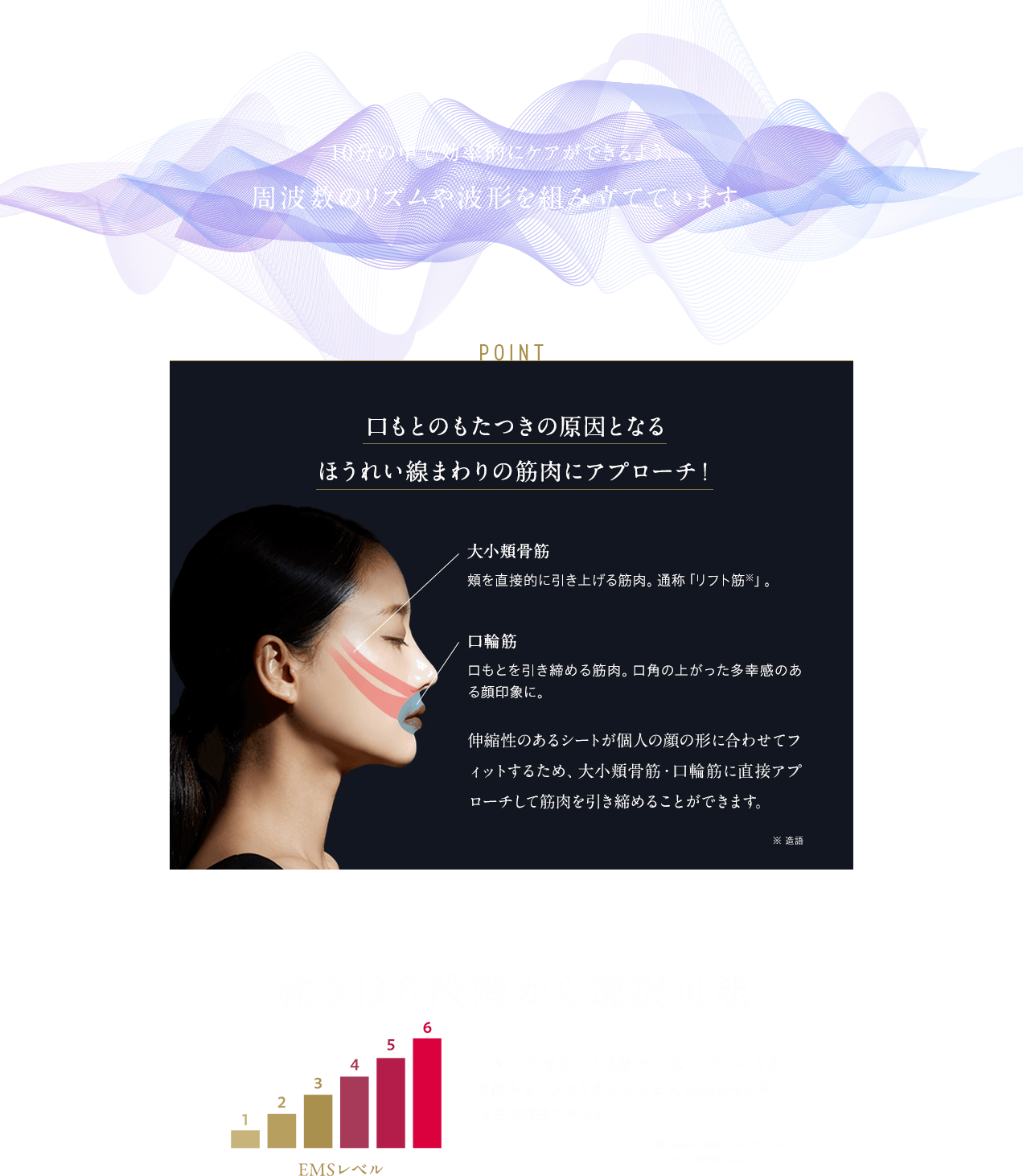 10分の中で効率的にケアができるよう、周波数のリズムや波形を組み立てています。 POINT 口もとのもたつきの原因となるほうれい線まわりの筋肉にアプローチ! POINT 口もとのもたつきの原因となるほうれい線まわりの筋肉にアプローチ! 大小頬骨筋頬を直接的に引き上げる筋肉。 通称「リフト筋」。 口輪筋口もとを引き締める筋肉。 口角の上がった多幸感のある顔印象に。 伸縮性のあるシートが個人の顔の形に合わせてフィットするため、大小頬骨筋・口輪筋に直接アプローチして筋肉を引き締めることができます。 ※造語 強さは6段階から選択可能 レベル1のやさしい刺激から、 頬・口もとの大きな筋肉をケアできる高出力まで、EMSレベルを6段階で調整できます。 ※目もとの推奨設定はレベル1-3 口もとの推奨設定はレベル4-6
