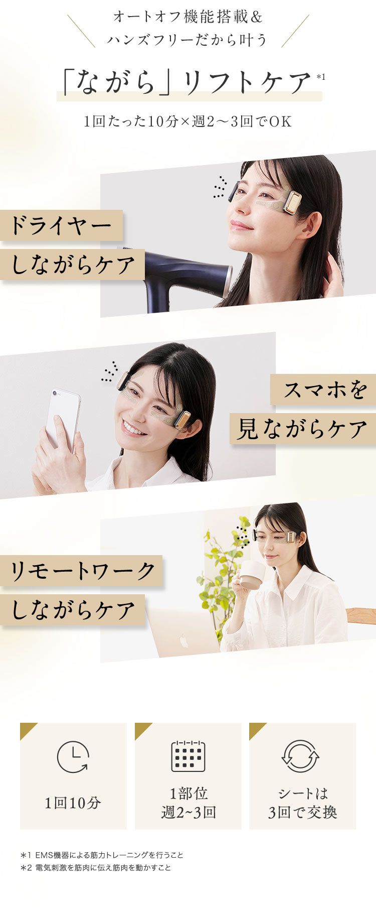 オートオフ機能搭載＆ハンズフリーだから叶う「ながら」リフトケア　1回たった10分×週2～3回でOK　ドライヤーしながらケア　スマホを見ながらケア　リモートワークしながらケア