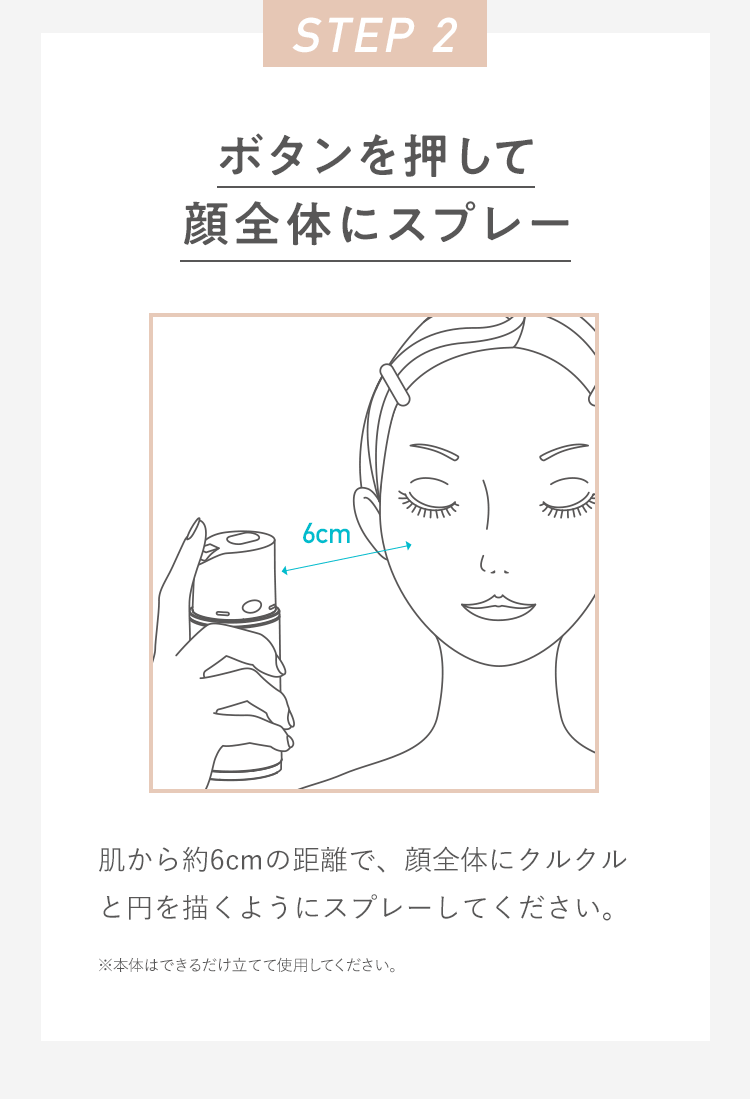 STEP 2 ボタンを押して顔全体にスプレー 肌から約6cmの距離で、顔全体にクルクルと円を描くようにスプレーしてください。※本体はできるだけ立てて使用してください。