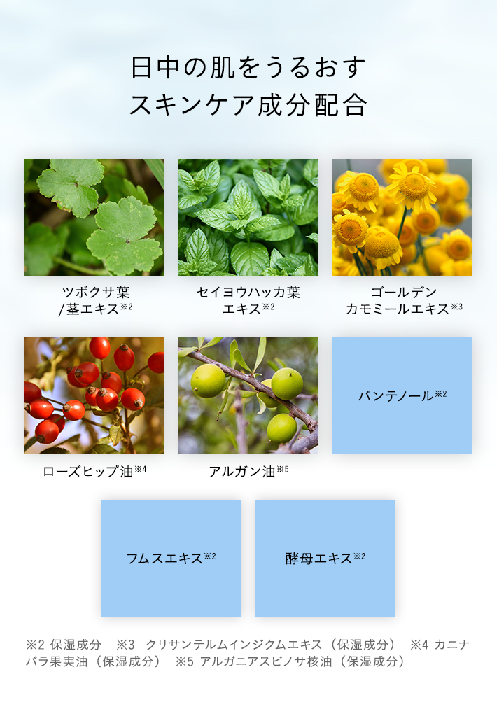 日中の肌をうるおすスキンケア成分配合