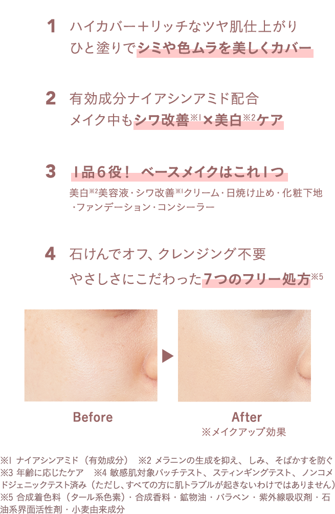 ハイカバー＋リッチなツヤ肌仕上がり ひと塗りでシミや色ムラを美しくカバー、有効成分ナイアシンアミド配合 メイク中もシワ改善×美白ケア、１品６役！ ベースメイクはこれ１つ 美白※2美容液・シワ改善クリーム・日焼け止め・化粧下地・ファンデーション・コンシーラー、石けんでオフ、クレンジング不要 やさしさにこだわった７つのフリー処方