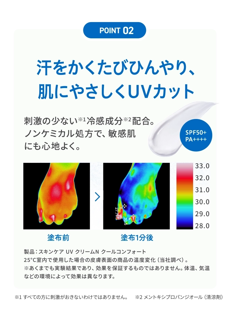「POINT 02」汗をかくたびひんやり、肌にやさしくUVカット｜刺激の少ない冷感成分配合。ノンケミカル処方で、敏感肌にも心地よく。