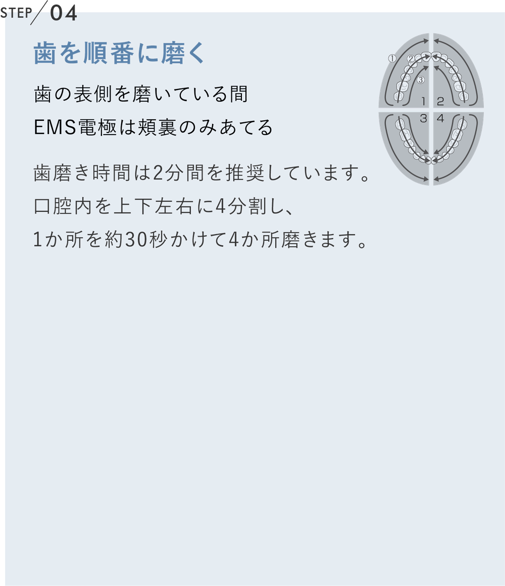 歯を順番に磨く 歯の表側を磨いている間
                                  EMS電極は頬裏のみあてる