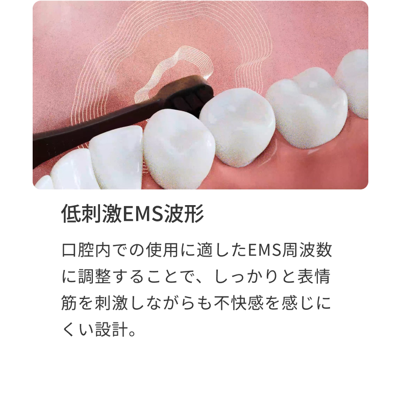 低刺激EMS波形 口腔内での使用に適したEMS周波数に調整することで、しっかりと表情筋を刺激しながらも不快感を感じにくい設計。
