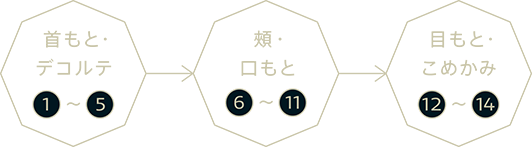 首もと・デコルテ①~⑤→頬・口もと⑥~⑪→目もと・こめかみ⑫~⑭